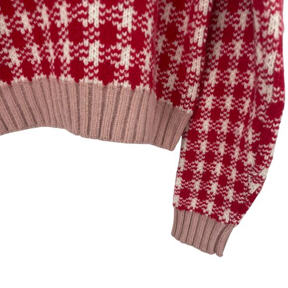 & Merci Pullover Crewneck Sweater Red White Pink Houndstooth Print Womens Medium - Picture 2 of 5
